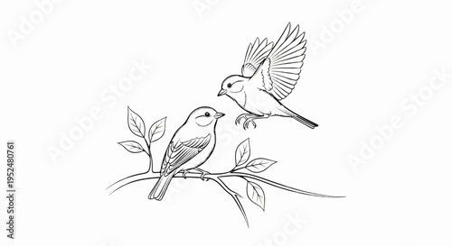 Two birds perched and in flight on a leafy branch