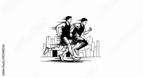 Two athletic men in motion, running past a stylized cityscape in black and white