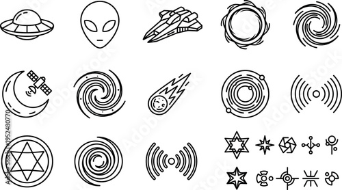 Sci Fi Space Symbols Line Icons Set with UFO, Alien, Galaxy, Signal Waves and Futuristic Elements