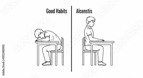 Two contrasting posture examples of a person sitting at a desk