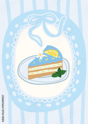 Layered Lemon Cake Slice with Blue Frosting and Mint on Lace Plate
