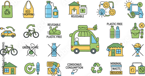 Eco friendly lifestyle icons set featuring recycling, reusable products, green energy, sustainable transport, plastic free living and conscious consumption vector illustration