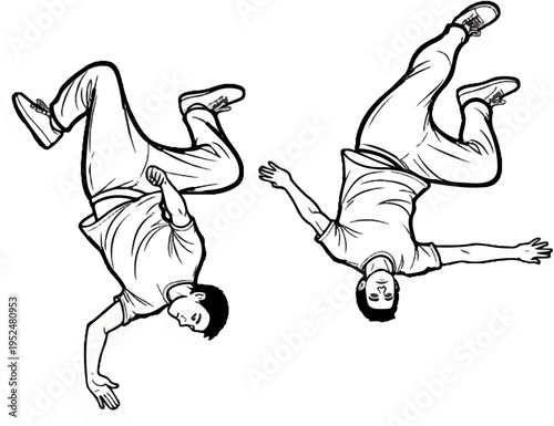 Two dancers in mid-air, defying gravity with dynamic, acrobatic movements
