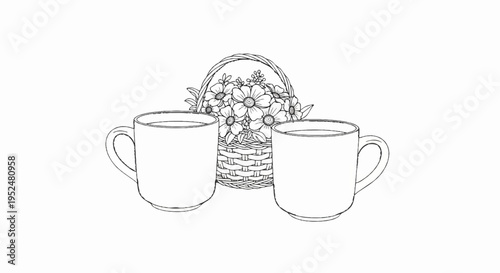 Two cups of drink sit beside a woven basket overflowing with flowers