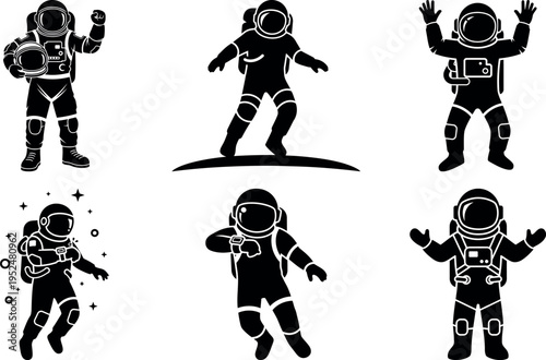 Collection of six astronaut silhouettes in various poses isolated on transparent background