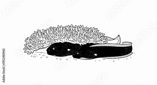 Two dark eels nestled by coral on a sandy seabed