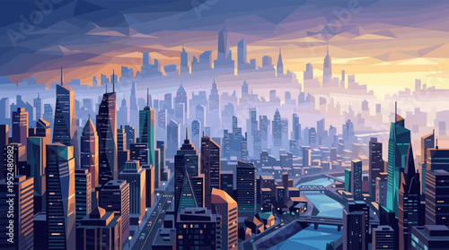 A vibrant, geometric illustration of a modern metropolis at sunset, with warm light hitting skyscrapers and a busy river below.