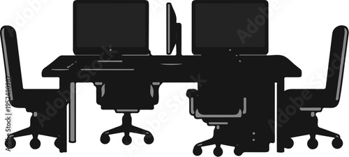 Two desks and chairs with computers in a modern office setting