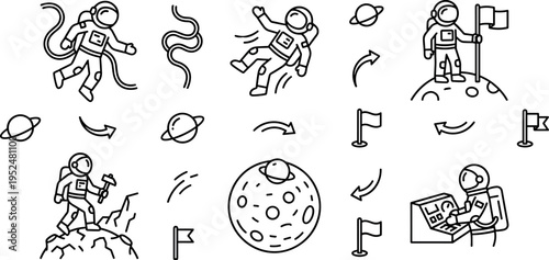Astronaut Activities Line Icons Set with Space Exploration, Moon Landing, Orbit and Mission Scenes