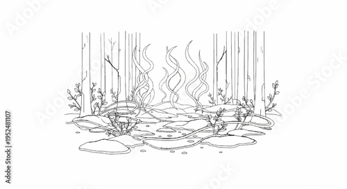 Surreal forest scene with wavy shapes and bare trees