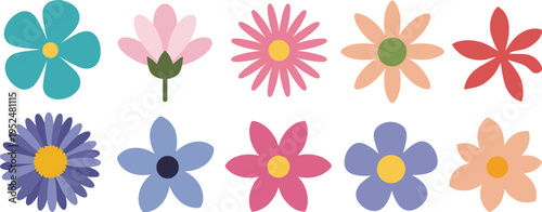 Collection of Ten Flat Design Cartoon Style Flowers in Various Colors and Shapes floral nature