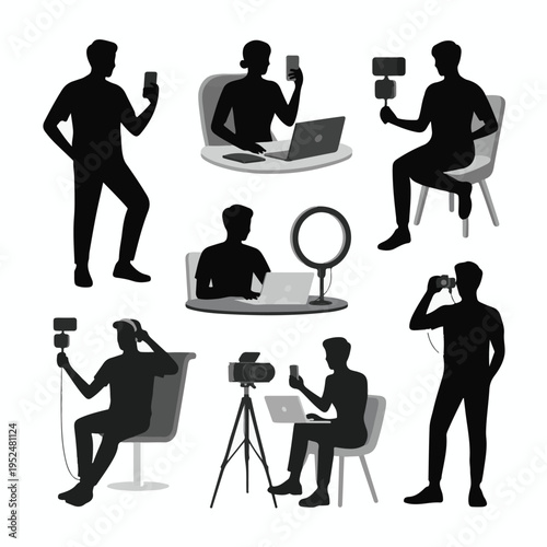Content Creator and Influencer Silhouette Set with Digital Equipment, Vlogging, Photography, and Remote Work Concept