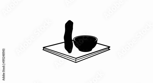 Stylized still life with a book, a small bowl, and an abstract form