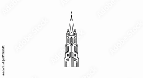 Tall, narrow church spire with a cross on top, detailed Gothic architecture