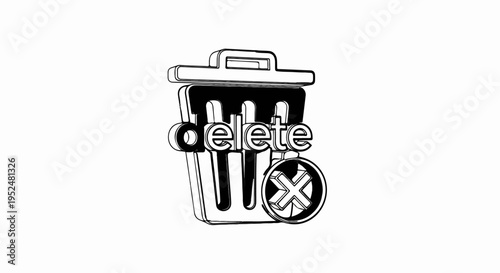 Stylized trash can icon with the word "delete" and a cross symbol inside a circle