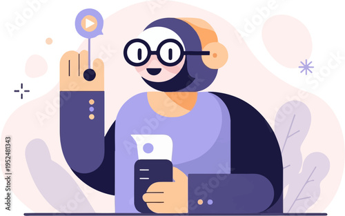 Stylized person with headphones, glasses, and phone interacts with play icon
