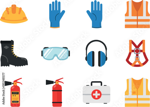Industrial safety equipment icons representing personal protective gear and emergency response tools, including helmets, vests, gloves, boots, and fire extinguishers