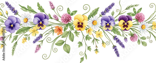 Beautiful watercolor floral border with colorful pansies, daisies, lavender, and wildflowers