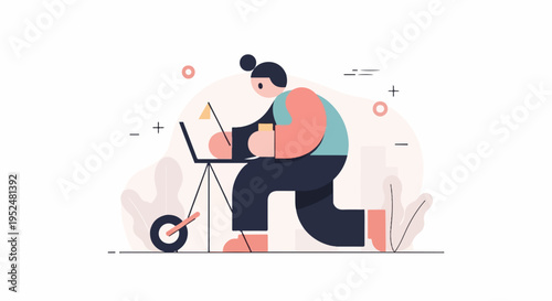 Stylized person working on a laptop mounted on a unicycle