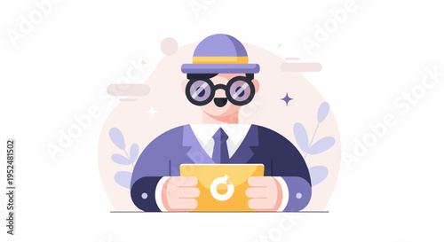 Stylized person in hat and glasses holding a tablet device
