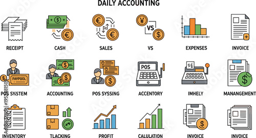 Daily accounting and financial management icons set featuring invoices, expenses, cash flow, POS system, sales tracking, profit calculation and business finance vector illustration