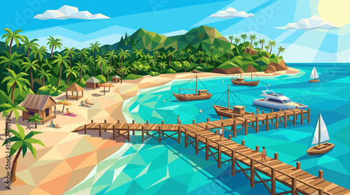 Sunny low poly illustration of a tropical island paradise with a wooden pier, boats on turquoise water, and people relaxing on the beach.