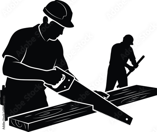 Construction workers building with concrete blocks