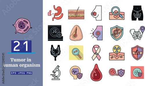 A unique set of 21 medical vector icons delves into the complexities of tumors and human health, showcasing elements like stomach pathology, skin conditions, breast health, cellular structures, DNA,