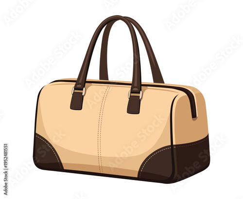 Beige And Brown Leather Travel Duffel Bag