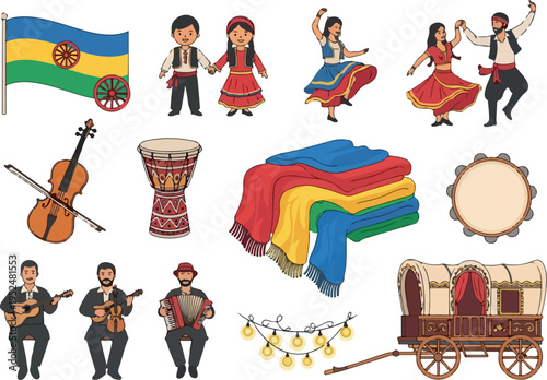 Traditional Folk Costumes, Instruments, and Wagon for Cultural Celebration and Music Performance