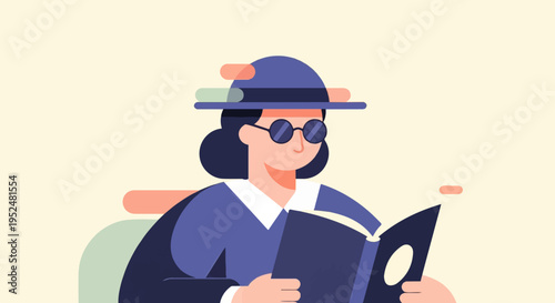 Stylized person in hat and glasses reads book, abstract shapes