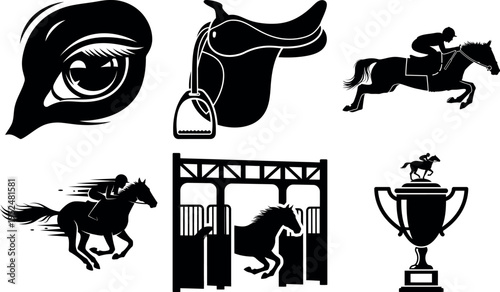 Collection of equestrian and horse racing icons isolated on transparent background