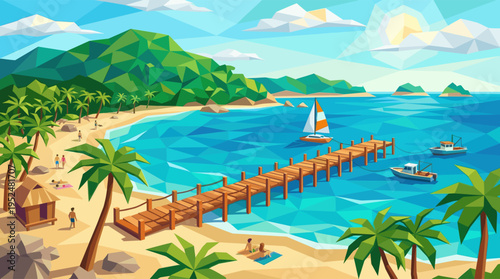 Idyllic low-poly art of a summer vacation on a tropical beach with palm trees, mountains, a wooden pier, and a sailboat on the vibrant blue water.