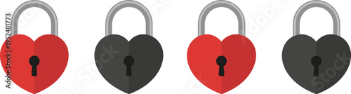 Four Heart- Shaped Padlocks in Red and Black with Silver Shackle on White Background love