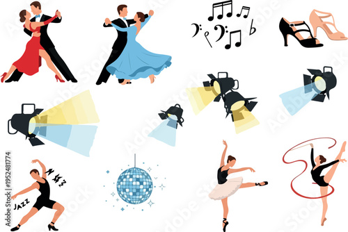Collection of Performance and Dance Elements Ballet, Jazz, Ballroom, Music Notes, Spotlight, Disco Ball, and Heels
