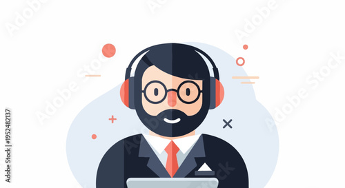 Stylized man in a suit wearing headphones and glasses