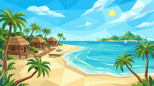 A low poly vector illustration of a sunny tropical beach paradise with palm trees, huts, and people enjoying a relaxing vacation.
