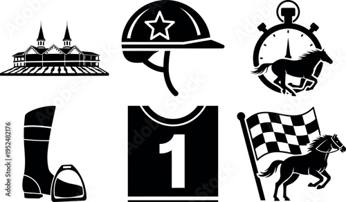 Collection of horse racing icons including helmet jersey and track isolated illustration