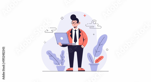 Stylized illustration of a businessman in a suit holding a laptop, surrounded by plants and abstract shapes