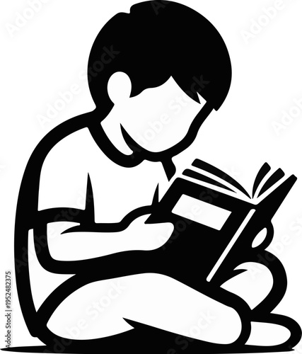 Stylized illustration of a child seated cross-legged, engrossed in reading a book