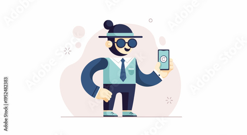 Stylized man in hat and suit holding a phone with copyright symbol