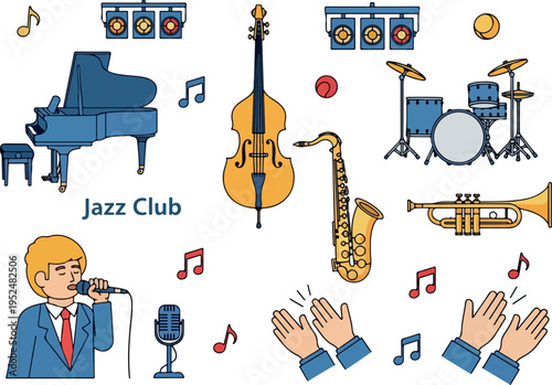 Jazz club music ensemble with piano, saxophone, trumpet, double bass, drums, singer, and clapping hands icons