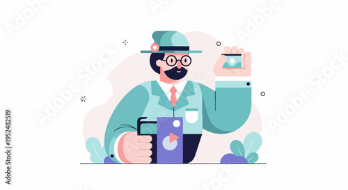 Stylized man in hat holds small photo and camera