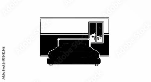 Stylized black and white illustration of a bed with two pillows and a window