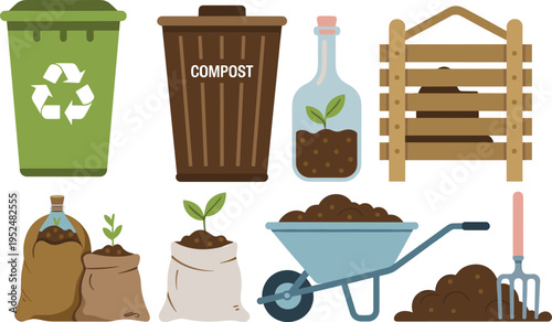 Compost and organic gardening set with recycling bins wheelbarrow soil bags seedlings and garden fork vector illustration isolated on white