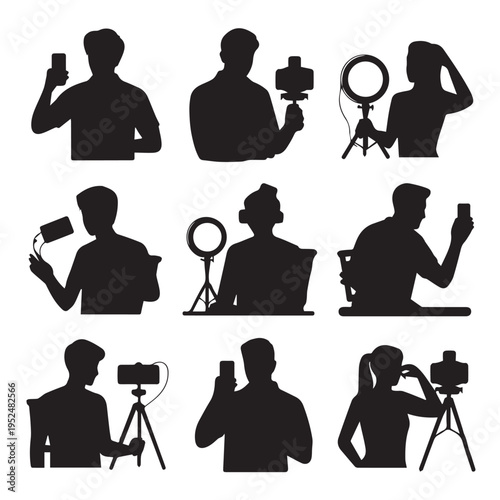 Set of Content Creator and Influencer Silhouettes Using Smartphones and Vlogging Equipment