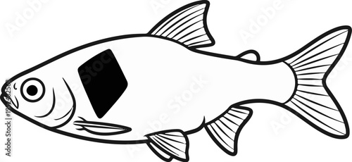 Stylized black and white illustration of a fish with a diamond shape