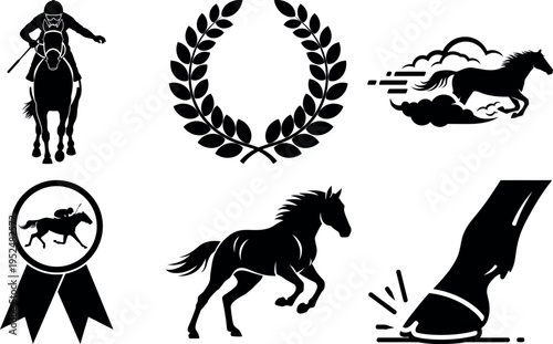 Collection of equestrian and horse racing icons isolated on transparent background