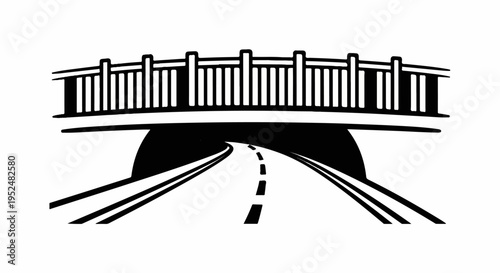 Stylized black and white illustration of a bridge arching over a road