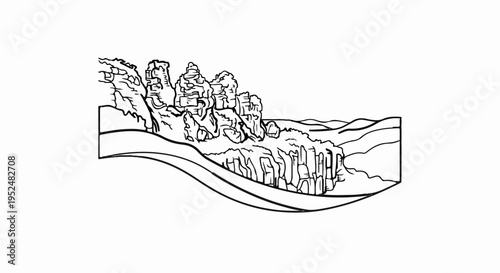 Stylized black and white ink drawing of rocky peaks and rolling hills